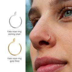 a close up of a woman's nose with the nose ring attached to her nose