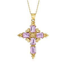 Ross-Simons - C. 1980 Vintage 8.25ct t. w. Amethyst Cross Pendant Necklace. 18". C. 1980. From our Estate collection, a beautiful expression of faith. This magnificent cross necklace features elegant 8.25 ct. t. w. rectangular emerald-cut amethysts on an ornately designed 18kt yellow gold pendant. Suspends from a classic cable chain. Lobster clasp, amethyst cross pendant necklace. Exclusive, one-of-a-kind Estate Jewelry. Amethyst birthstones are the perfect gift for February birthdays. Amethyst Birthstone, February Birthday, Cross Jewelry, Yellow Gold Pendants, Cross Pendant Necklace, Emerald Cut, Estate Jewelry, Cable Chain, Cross Pendant