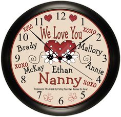 a clock with the words we love you and many other things in red on it