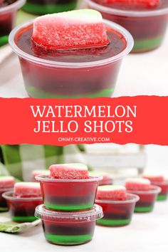 watermelon jello shots in plastic cups with text overlay