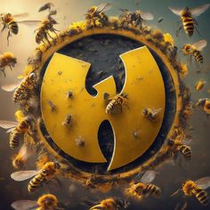 bees flying around a yellow sign with the letter e in it's center surrounded by honeybees