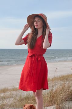 Red Linen Dress Wrap Linen Dress Red Wrap Dress Linen - Etsy Beach Linen V-neck Dress With Tie Waist, Beach Wrap Linen Dress With Tie Waist, Casual Linen Wrap Dress For Beach, Knee-length Linen Summer Dress For Day Out, Chic Wrap Linen Beach Dress, Red Tie Waist Midi Dress For Summer, Red Summer Midi Dress With Tie Waist, Red Midi Dress With Tie Waist For Summer, Red V-neck Wrap Dress For Summer