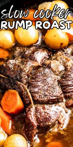 slow cooker crock pot roast with potatoes and carrots on the side in a skillet