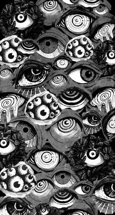 black and white photograph of many different types of eyeballs in the shape of circles