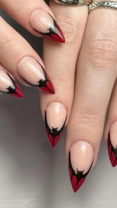 Nails With Bats On Them, Nails For Plus Size Hands, Spooky Aesthetic Nails, Goth Nail Inspo Coffin, Black Nails And Red Under, Simple Nail Designs Red And Black, Short Nail Designs Oval Shape, Spider Almond Nails, Cute Nail Ideas For Halloween