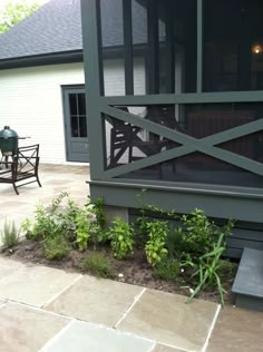 an outdoor patio area with plants and chairs