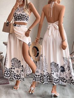 Women's Vacation Floral Print Crop Top & Wrap Maxi Skirt Set With Halter Halter Apricot Elegant    Colorblock,Graphic,Tribal,Plants  Non-Stretch  Women Clothing, size features are:Bust: ,Length: ,Sleeve Length: Hawaii Fits, Maxi Rock, Timeless Fashion Pieces, Glamorous Evening Dresses, Maxi Skirt Set, Prom Dresses Black Girls Slay, Floral Print Crop Top, Wrap Maxi Skirt, Couture Sewing