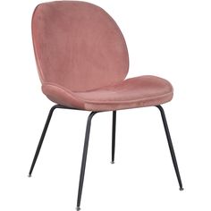 an upholstered pink chair with metal legs and a black frame, on a white background