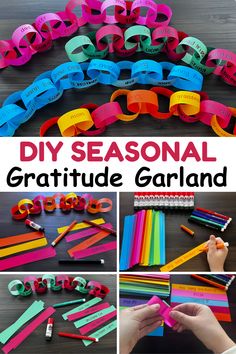 this is a collage of colorful crafting supplies and the words diy seasonal gratitue garland