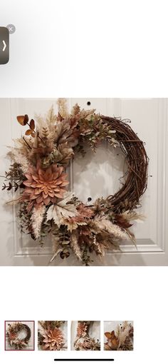 an image of a wreath with flowers and leaves on the front door, as well as other images