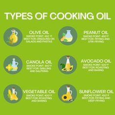 different types of cooking oil on a green background with the words, types of cooking oil