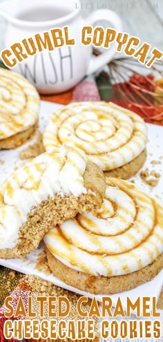 some cookies are sitting on a plate with icing and cinnamon rolls in the middle