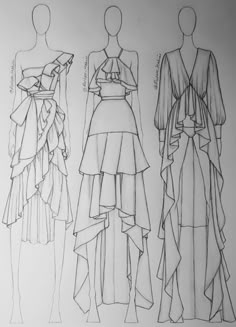 three different dresses are shown in black and white, one is drawn with pencils