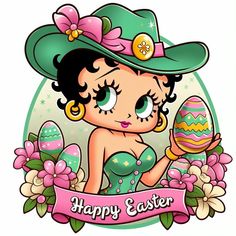 a cartoon girl holding an easter egg and wearing a green hat with the words happy easter