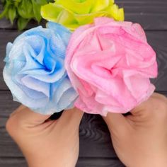 two hands are holding three different colored flowers