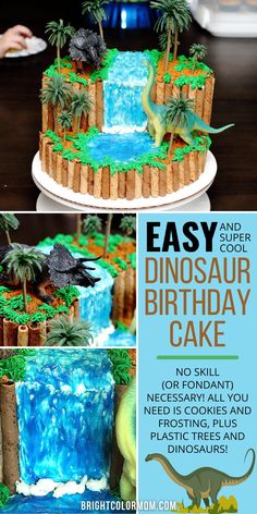 guide to making an easy DIY waterfall cake with dinosaurs Birthday Cake Diy, Dinasour Birthday, Dino Birthday Cake, Dinosaur Birthday Cake, Dino Cake, Dinosaur Birthday Cakes, Cake Diy, Dinosaur Themed Birthday Party, Dinosaur Cake