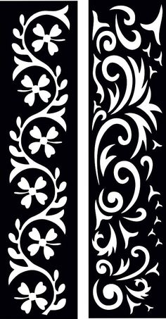 two black and white designs with flowers on them