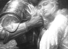 black and white photograph of a man kissing a woman's head with armor on it