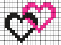 a cross stitch heart pattern with pink and black hearts on the side, in squares