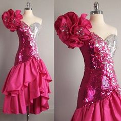 vtg 80s Alyce Pink Silver SEQUIN PROM DRESS ruffles Avant Garde glam Cha CHA XS 1980 Dress, 1980s Prom, Style Année 80, 80s Fashion Outfits, 80s Party Outfits, 80s Prom, Plus Size Prom