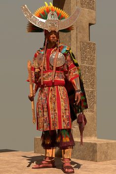 a man dressed in native american clothing standing next to a tall stone pillar with an elaborate headdress on it