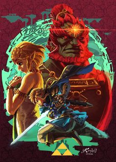 the legend of zelda poster with two women and a man in front of them