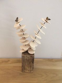 a sculpture made out of shells on top of a wooden table next to a white wall