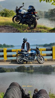 there are two pictures of people sitting on their motorcycles, and one is looking at the water