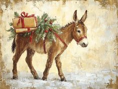 a painting of a donkey with a christmas tree on its back