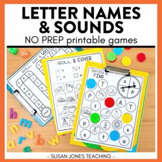 the letter names and sounds worksheet is shown on top of a wooden table