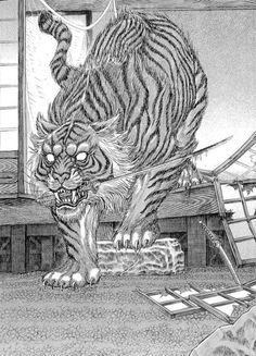 a black and white drawing of a tiger on the ground in front of a window