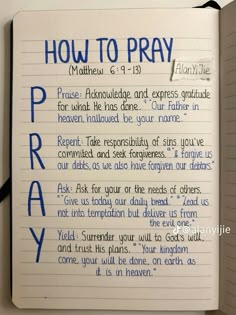 an open notebook with the words how to pray written on it