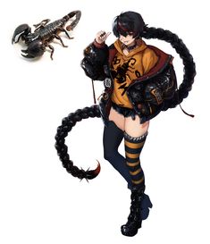 a woman dressed in black and yellow holding a scorpion