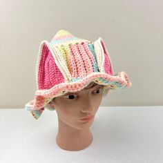 Need A Hat That's As Unique As Your Sense Of Humor? This Crochet Cat Ear Hat Is Your New Best Friend. Its Colorful Design And Ruffled Brim Make It The Perfect Conversation Starter. Wear It And Watch People Meow-Ingly Approve Your Style. Crochet Design Ruffled Brim Cat Ear Style Multicolor Pattern Adult Size Ears Have Wire In Them For Shape And Support Handmade By Me The Klutzykat Base On The Original Patterns By The Entangledfae Features: United States Spot Clean Only Size: Womens One Size Condi Crochet Cat Ear Hat, Cat Ear Hat, Multicolor Crochet, Ear Hat, Cat Ears Hat, Pixie Hat, Ear Style, Cat Ear, Crochet Design