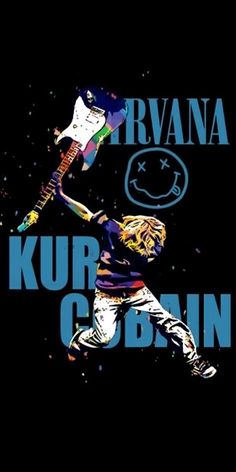 a man holding a guitar in his hand with the caption nirvana kur - robinn