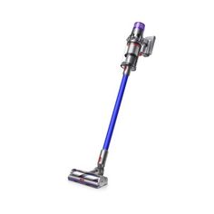 a blue and silver vacuum cleaner on a white background