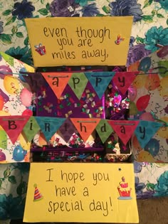 birthday cards are stacked on top of each other with words written in the letters and numbers