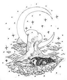 a black and white drawing of a woman sleeping on the moon with stars in the sky