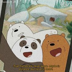 two bears are hugging each other in front of an image with the caption true friends are never apart maybe in distance, but never in heart