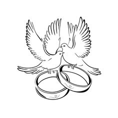 two birds flying over each other with wedding rings