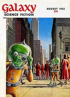 an old magazine cover with people walking down the street in front of buildings and tall buildings