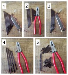 four pictures showing how to use pliers on wood