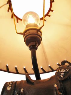 a lamp that is sitting on top of a table next to a handbag and purse