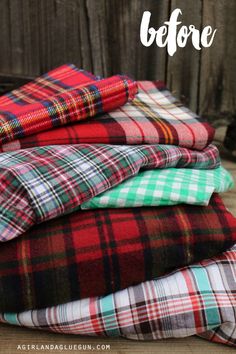 some plaid shirts stacked on top of each other with text overlaying the image