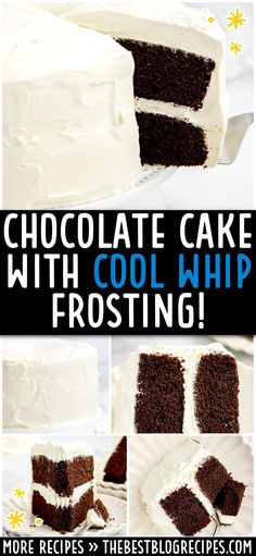 chocolate cake with cool whip frosting is shown in this collage, and it's cut into four pieces