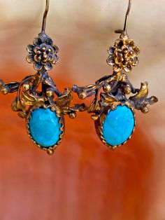 Turquoise & Antiqued Brass Floral Drop Earrings Handcrafted in Istanbul Turkey Turquoise Pierced Earrings For Formal Occasions, Turquoise Drop Earrings For Formal Occasions, Turquoise Pierced Earrings For Formal Events, Blue Hallmarked Earrings, Formal Turquoise Pierced Earrings, Turquoise Hallmarked Earrings For Gift, Ornate Turquoise Jewelry For Gifts, Ornate Handmade Turquoise Jewelry, Antique Blue Earrings