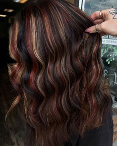 Top 20 Dark Calico Hair Ideas For A Purr-Fect Look Black Brown And Red Hair, Multiple Color Highlights Brown Hair, Red Brown Highlights On Dark Hair, Hair Dye Ideas For Dark Hair, Brown Hair With Coloured Highlights, Brunette Hair Dye Ideas, Dark Color Hair Ideas, Neapolitan Hair Color