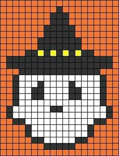 an orange and black cross stitched pattern with a pumpkin on the bottom, which looks like a witch's hat