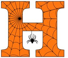 the letter h is decorated with a spider web