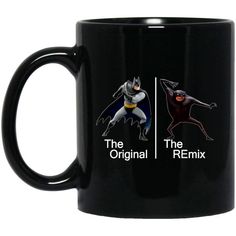 two black mugs with batman and the original re - mix on them